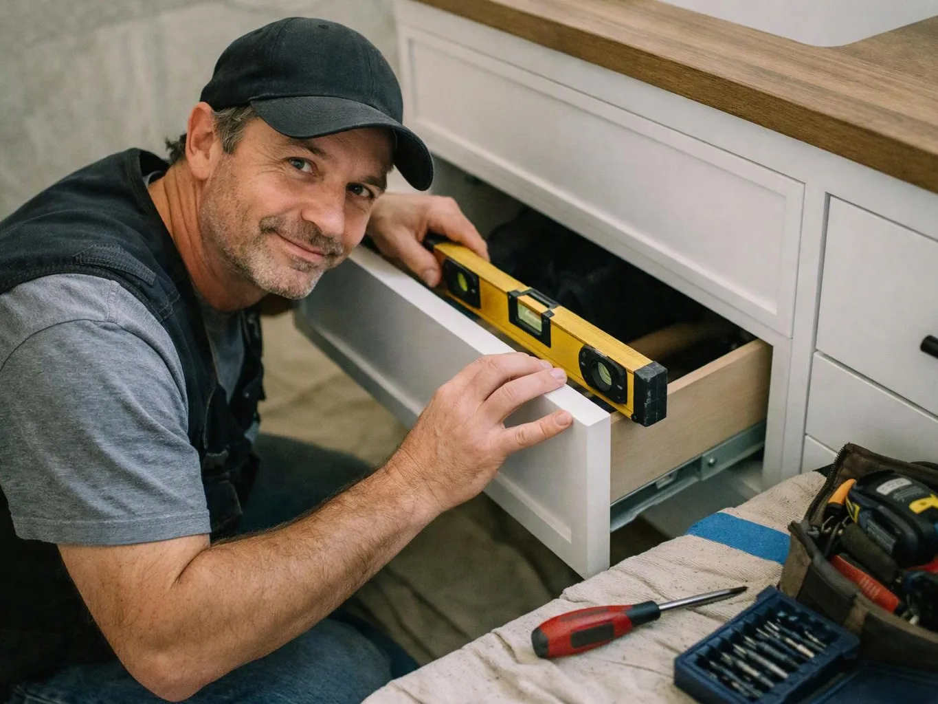 A man kneels by a white drawer, holding a level while working in a home interior