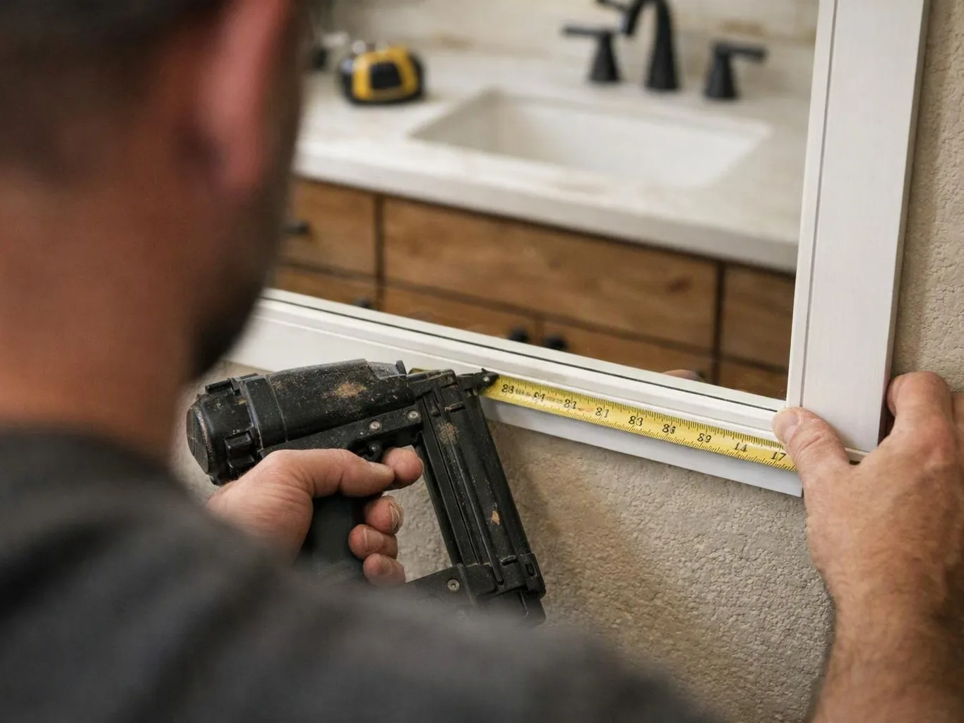 A man measures a window frame with a tape and nail gun in a bathroom mirror view