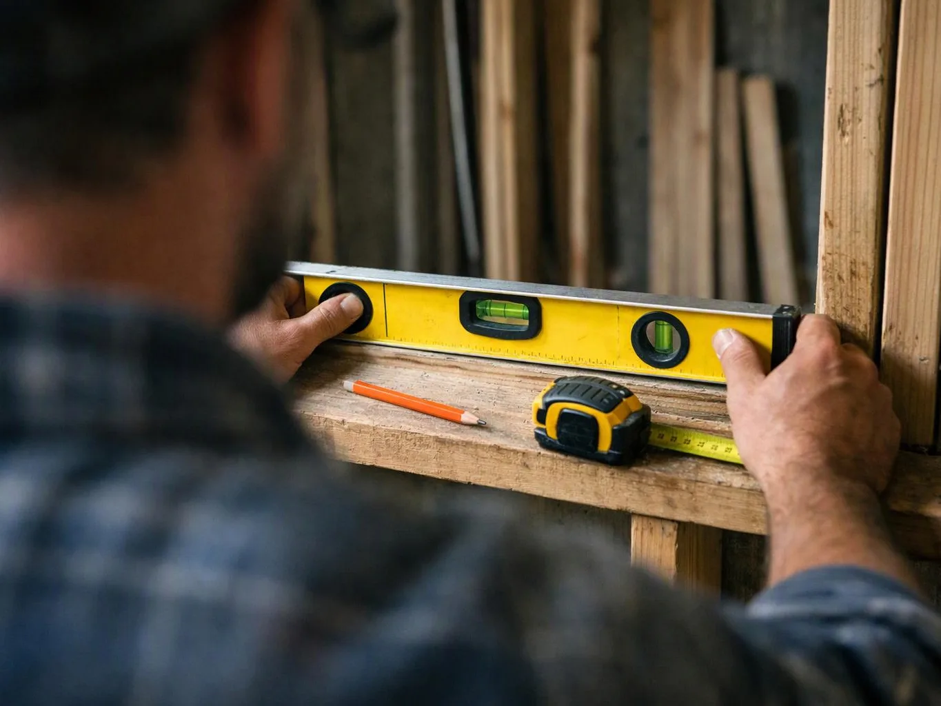 A man measures a wooden frame with a yellow level and tape measure in a workshop