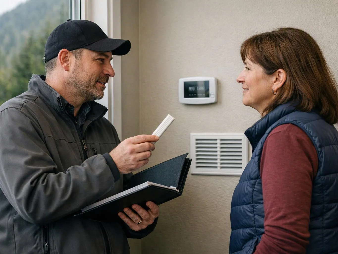 A man with a notebook shows a small white device to a woman indoors near a wall thermostat