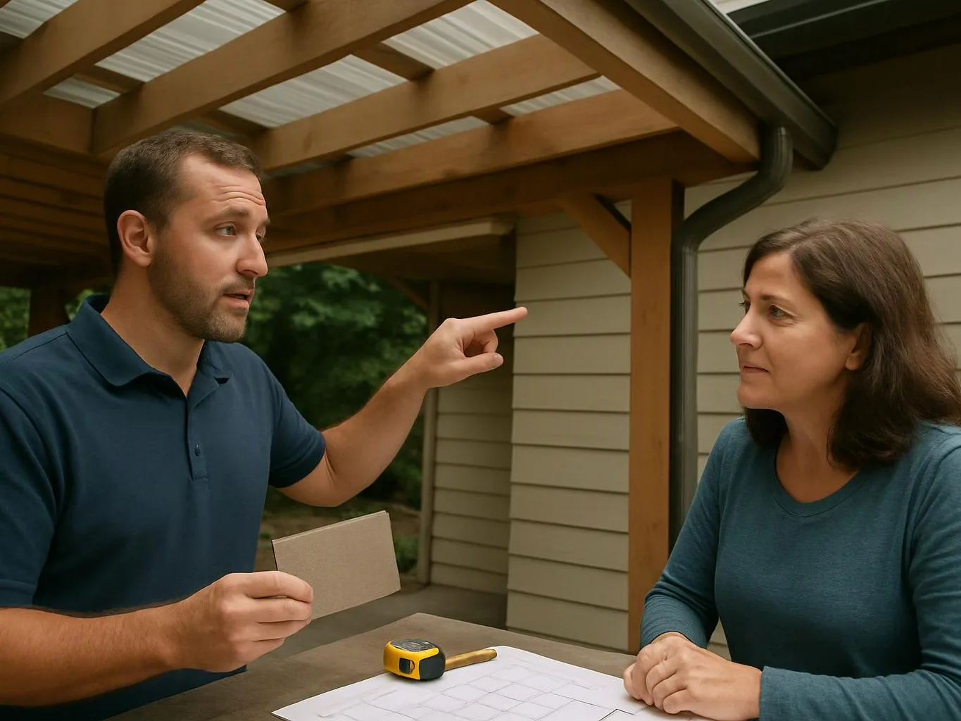 A man points while holding a tile sample, speaking with a woman beside a yard table under a patio roof