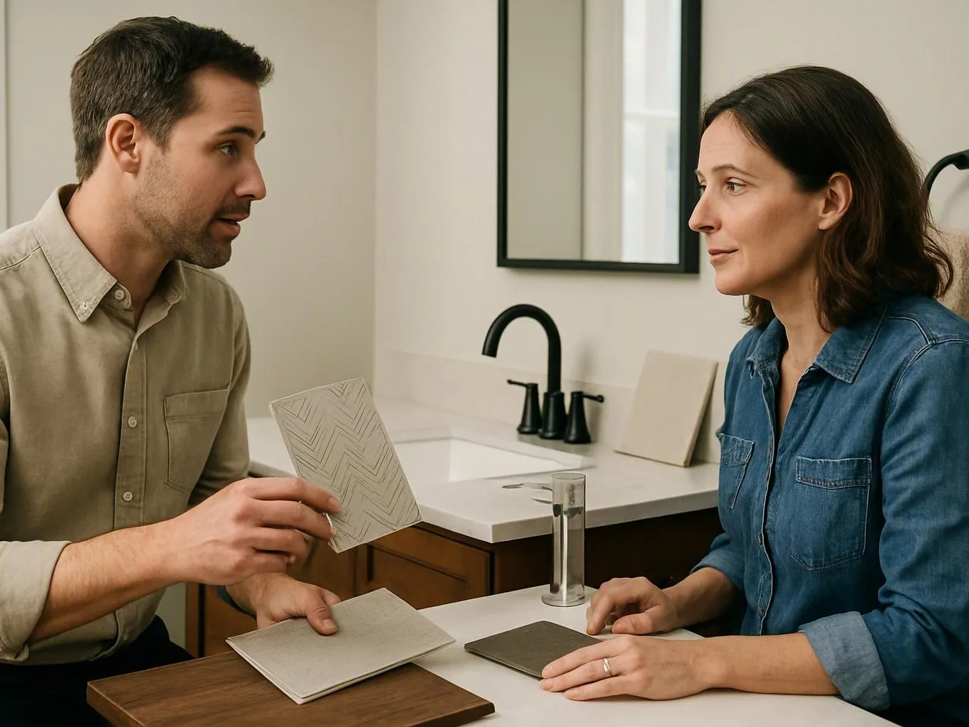 A man shows paper samples to a woman across a table in a bright kitchen