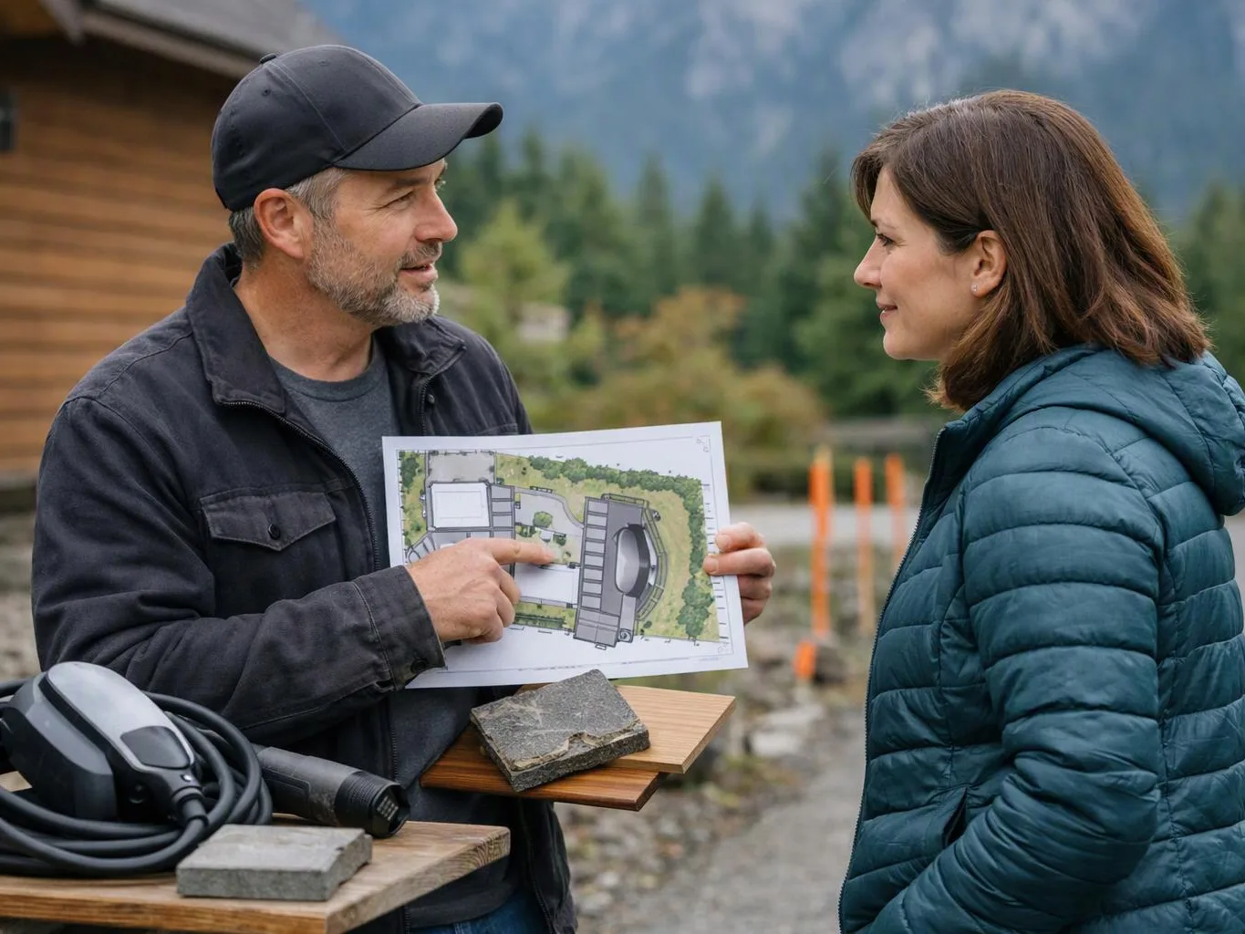 A man shows a site plan to a woman beside samples and equipment at an outdoor construction area
