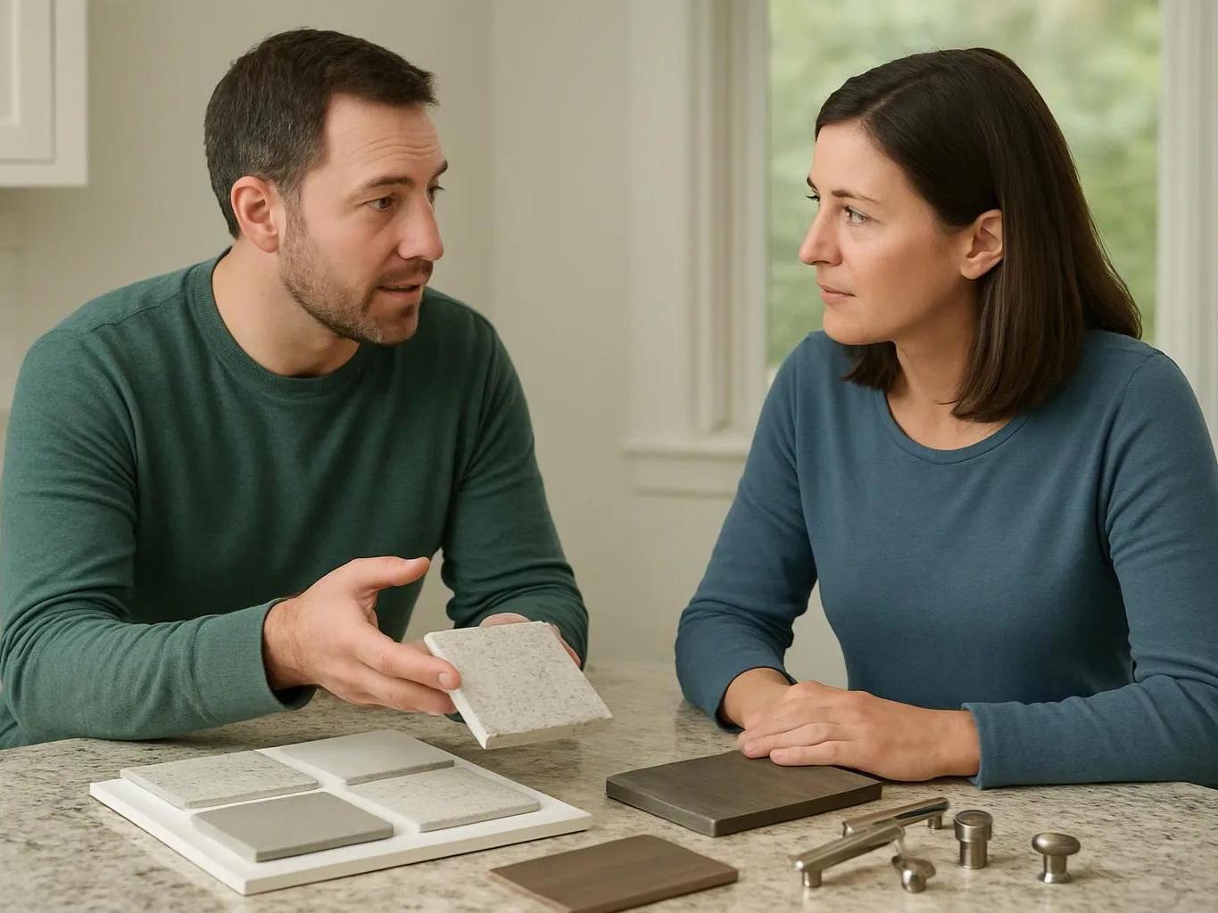 A man shows a tile sample to a woman at a kitchen counter with material swatches and cabinet hardware