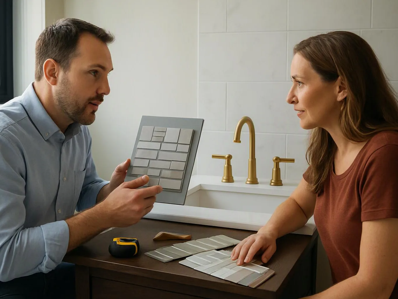 A man shows tile samples to a woman beside a white sink with brass faucets in a bright bathroom