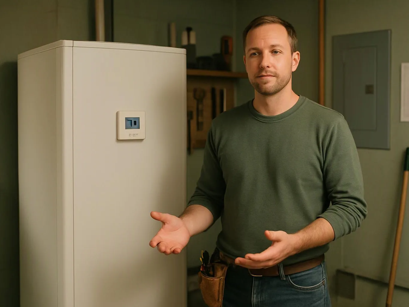 A man stands beside a tall white appliance, holding his hands out in a small room