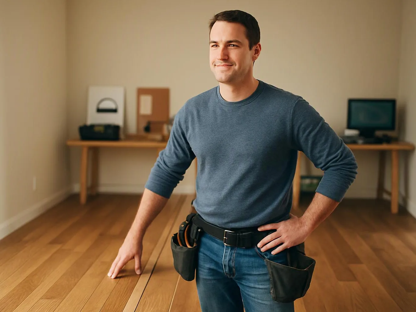 A man stands in an empty room with wood floors, wearing a tool belt and resting one hand on his hip