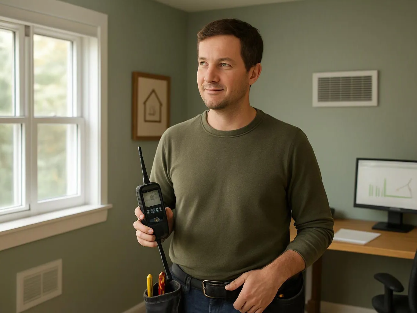 A man stands in a home office holding a handheld device and tools at his belt near a window
