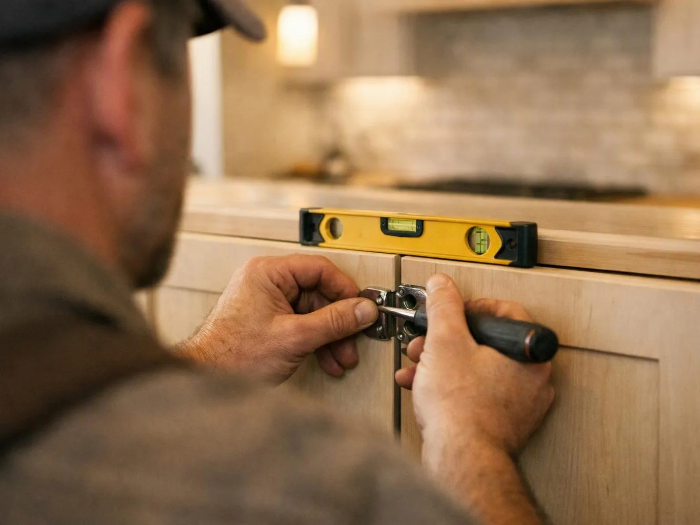 A man tightens a cabinet hinge with a screwdriver while a level rests on the wood cabinet doors
