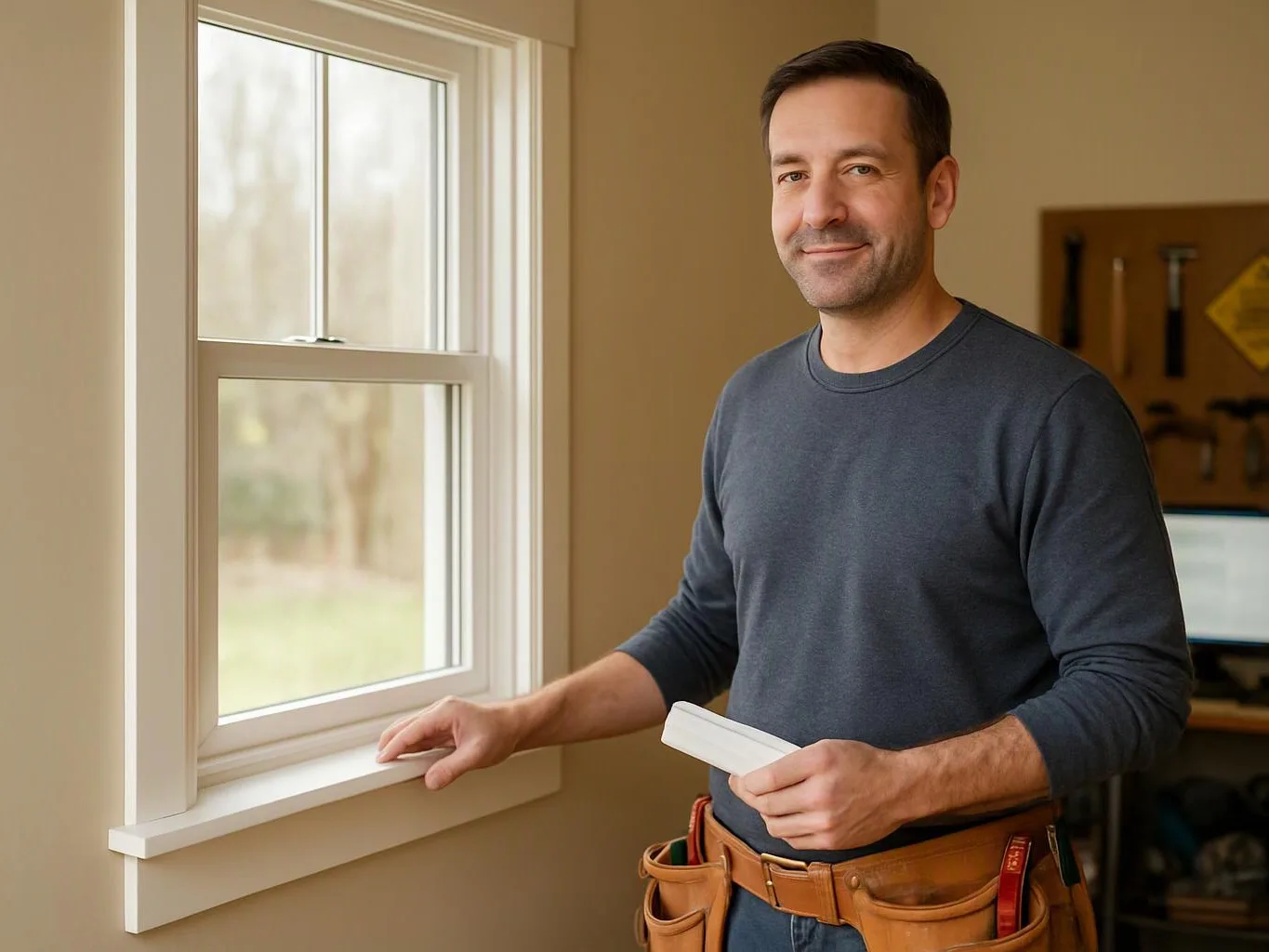 A man in a tool belt stands by a window indoors, holding a white strip and touching the sill