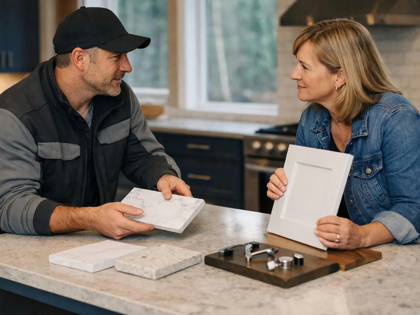 A man and woman compare cabinet samples at a kitchen island in a modern home
