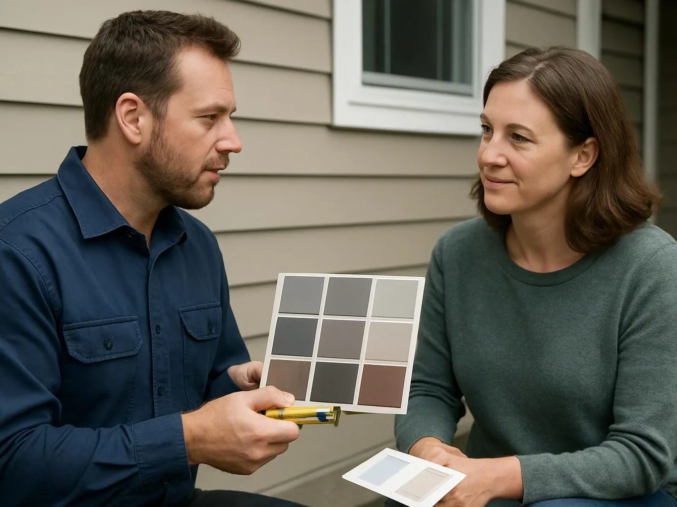 A man and woman compare paint swatches outside a house, holding color samples and discussing choices
