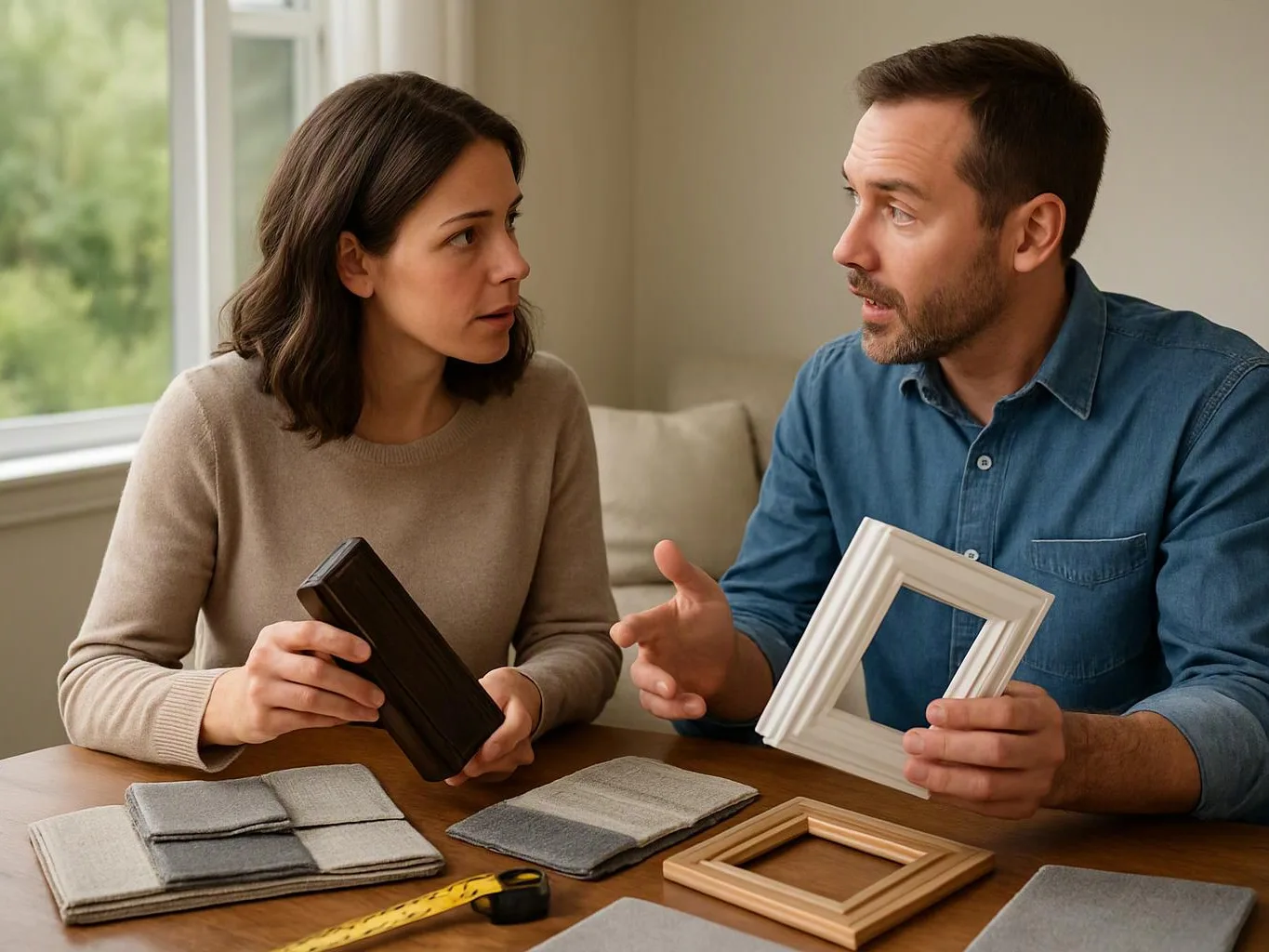 A man and woman compare picture frames and fabric swatches at a wooden table in a bright room