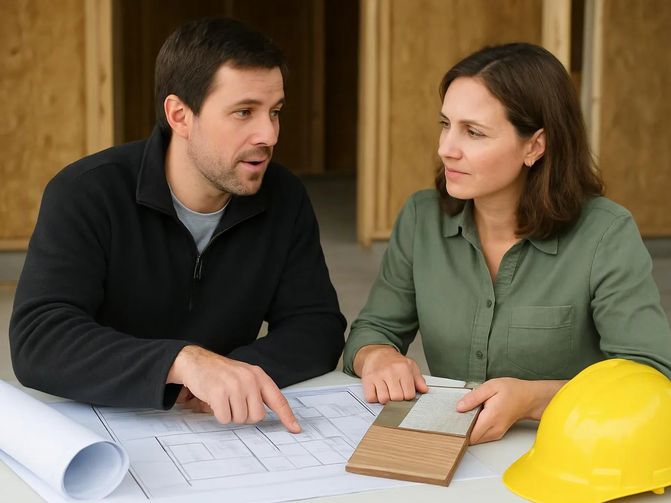 A man and woman review floor plans and wood samples at a table with a yellow hard hat nearby