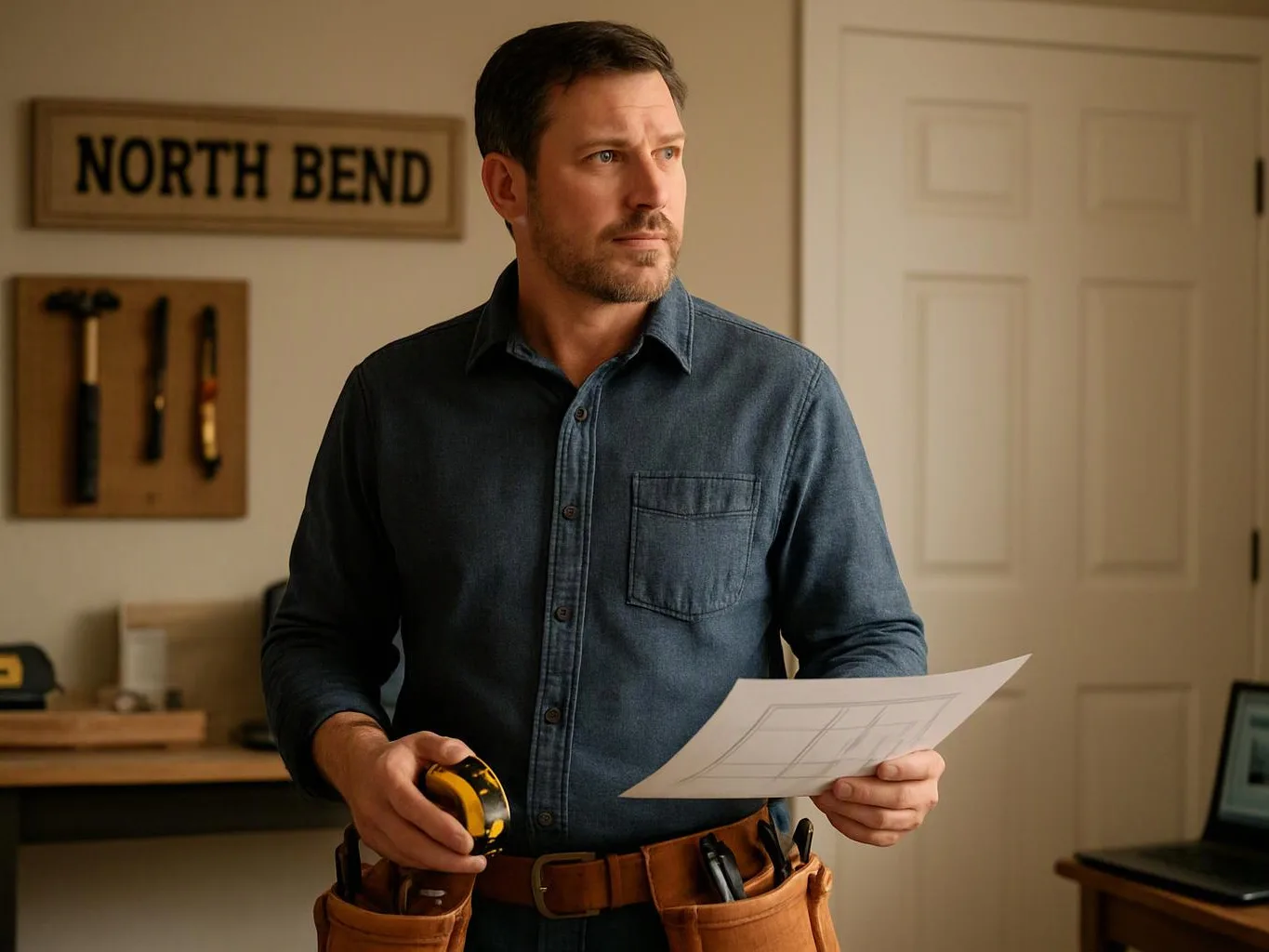 A man in a workshop holds a tape measure and a paper plan, with tools and a door behind him