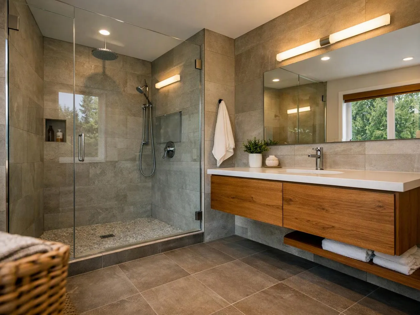 A modern bathroom shows a glass shower, floating wood vanity, large mirror, and window with trees outside