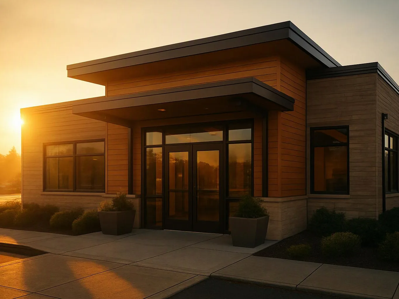 Modern building exterior with large windows, dark trim, potted shrubs, and warm sunset light