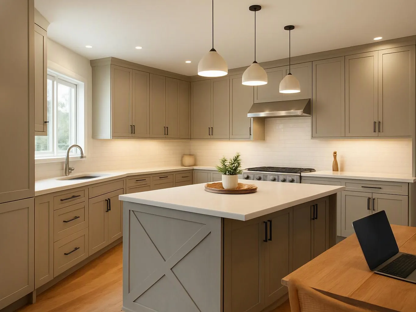 A modern kitchen with beige cabinets, a central island, pendant lights, and a laptop on a wooden table