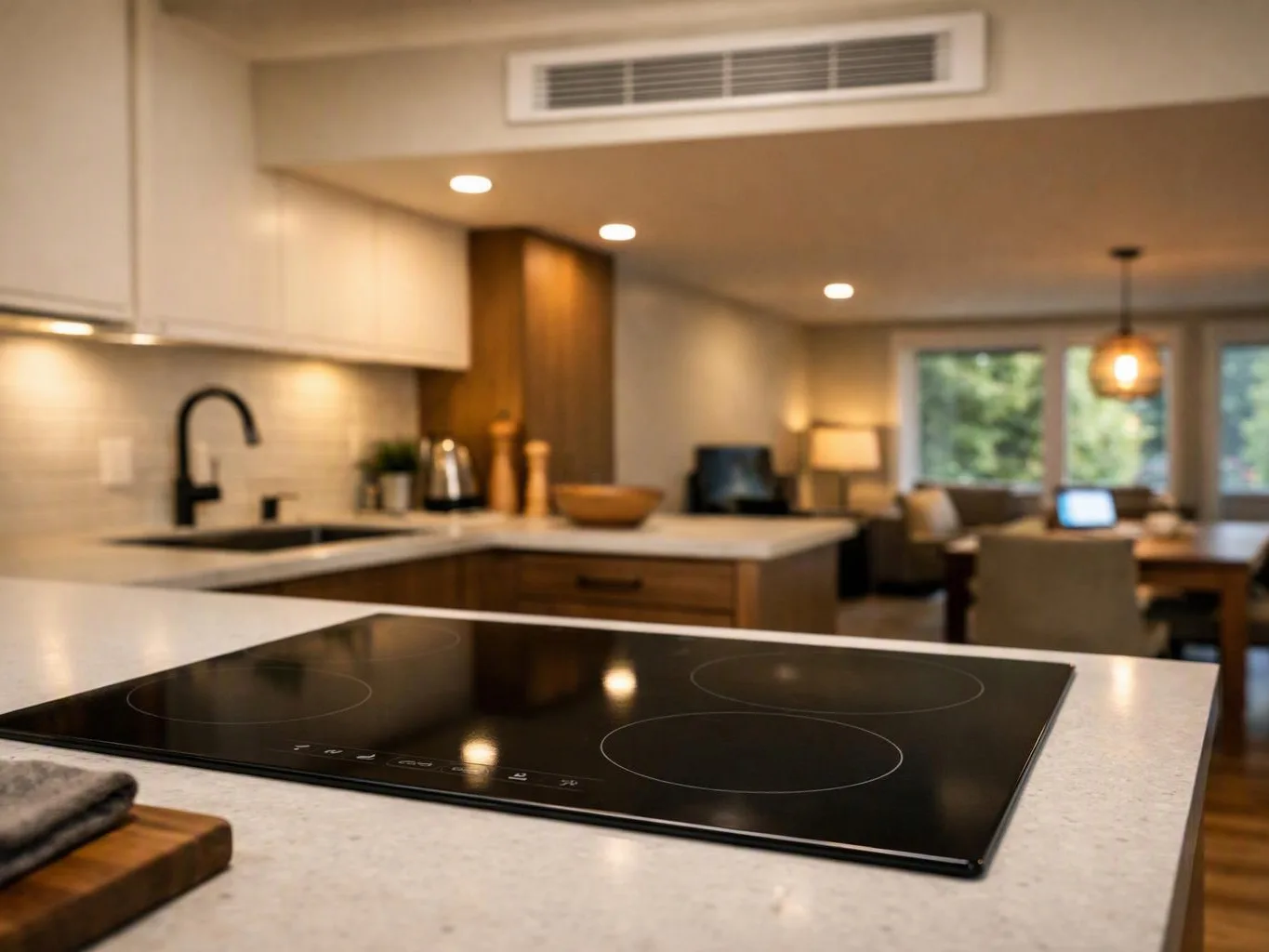 A modern kitchen with a black glass cooktop in the foreground, and a warm living area beyond