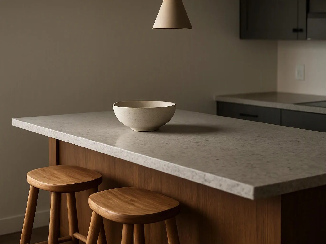 A modern kitchen island with two wooden stools and a bowl sits under a pendant light