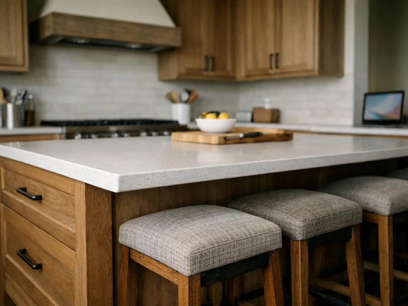 A modern kitchen shows a large white island with three cushioned stools and a bowl of lemons on top