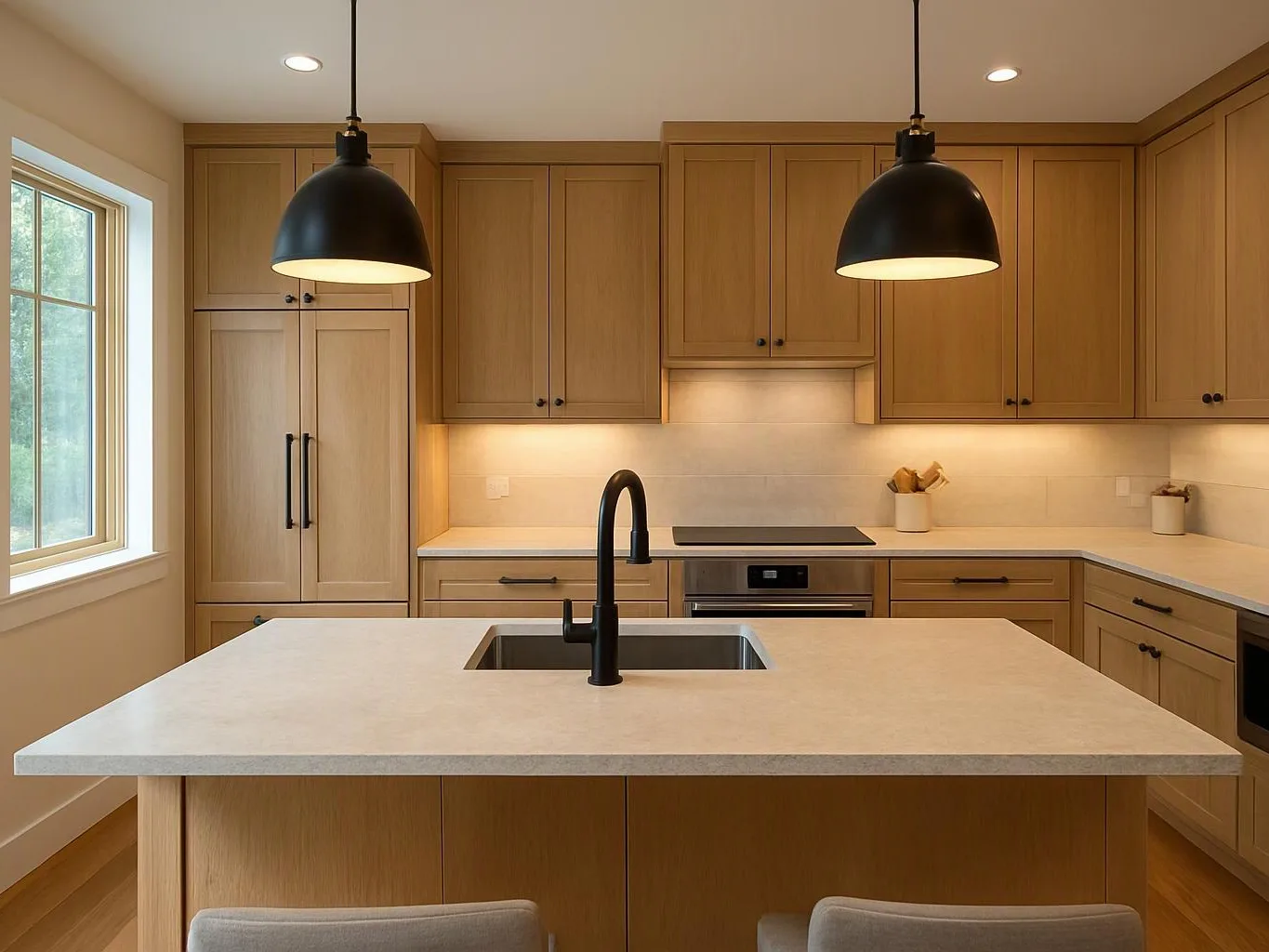 A modern kitchen shows wood cabinets, a large island sink, black pendant lights, and a window on the left