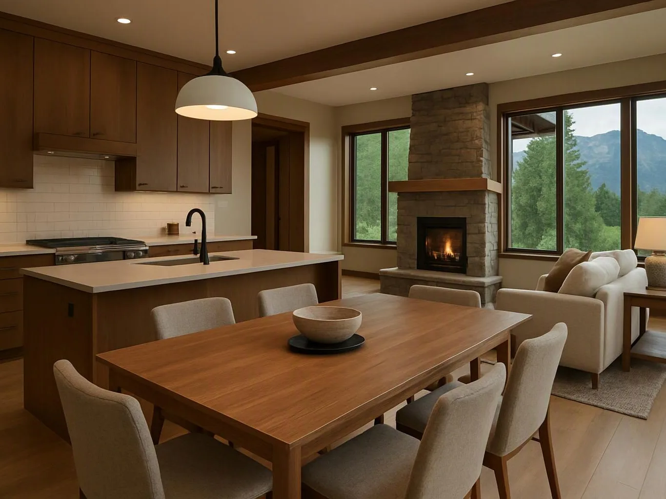 A modern open-plan kitchen and living room has a dining table, fireplace, and large windows with mountain views
