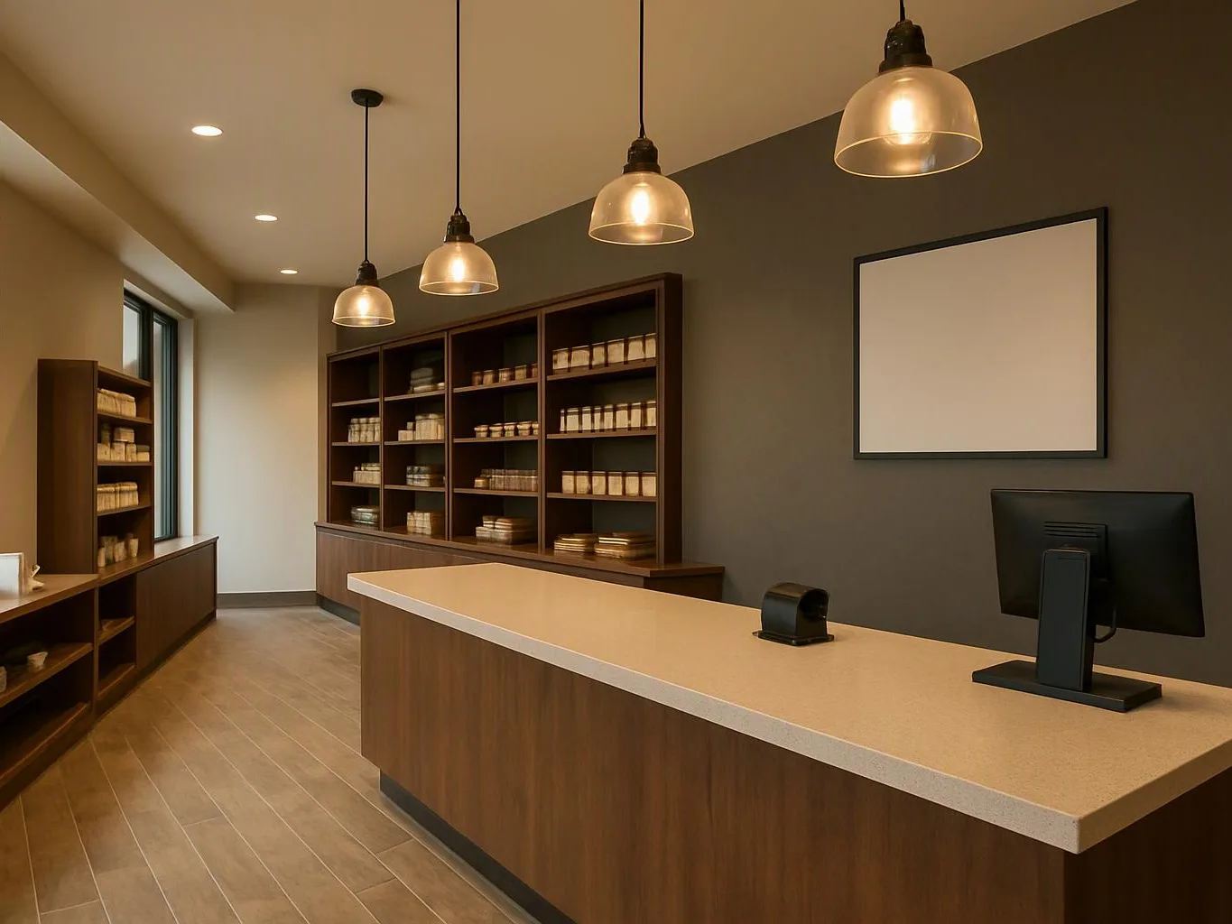 A modern retail checkout counter sits in a warm, empty shop with shelves of small jars and hanging lights