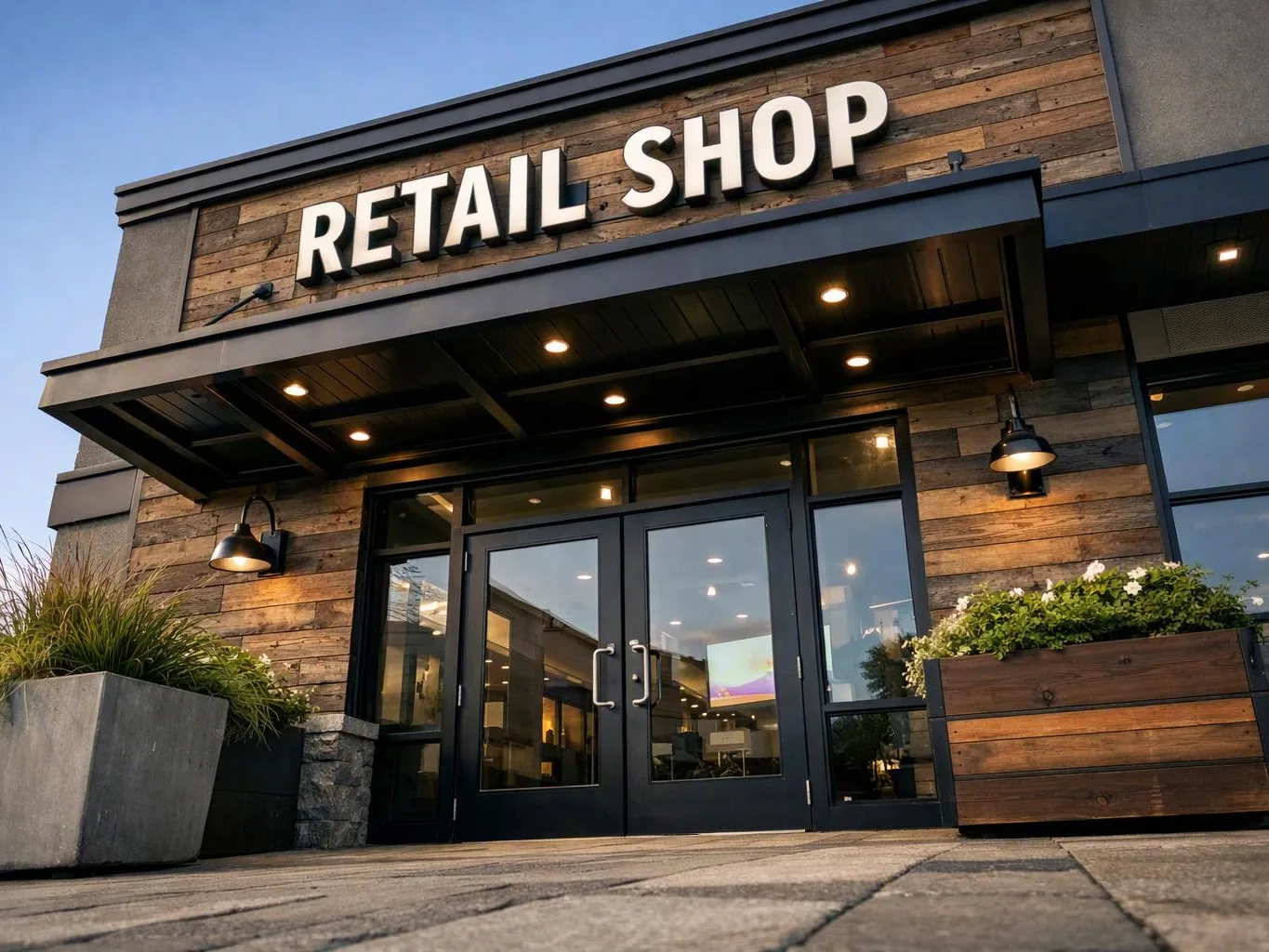 A modern storefront with a large “RETAIL SHOP” sign, black awning, glass doors, and potted plants at dusk
