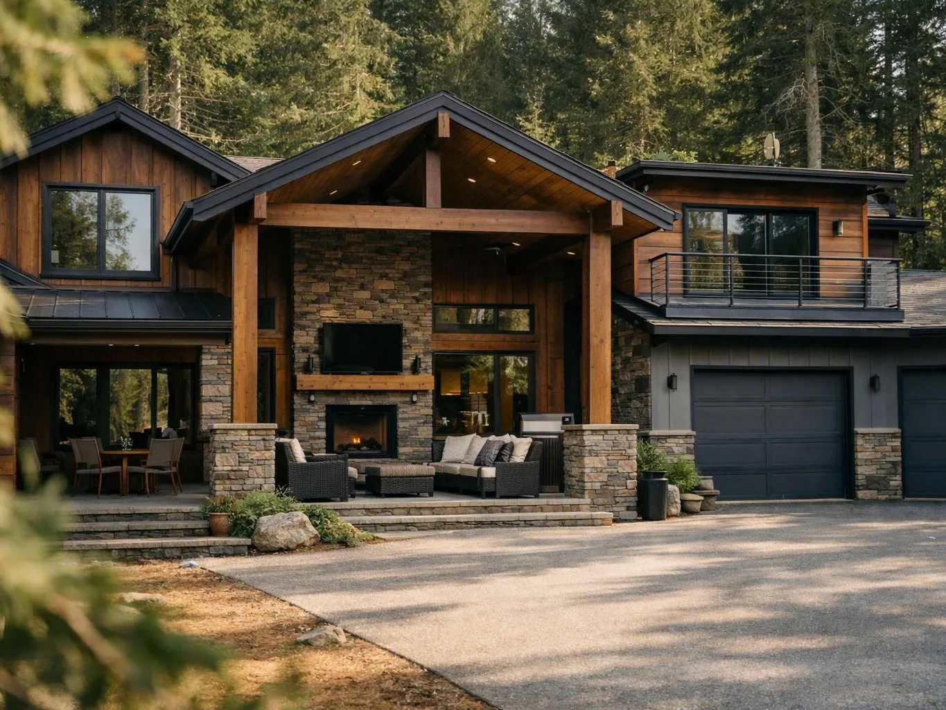 A modern wooden house with stone accents sits among tall forest trees, showing a porch and garage