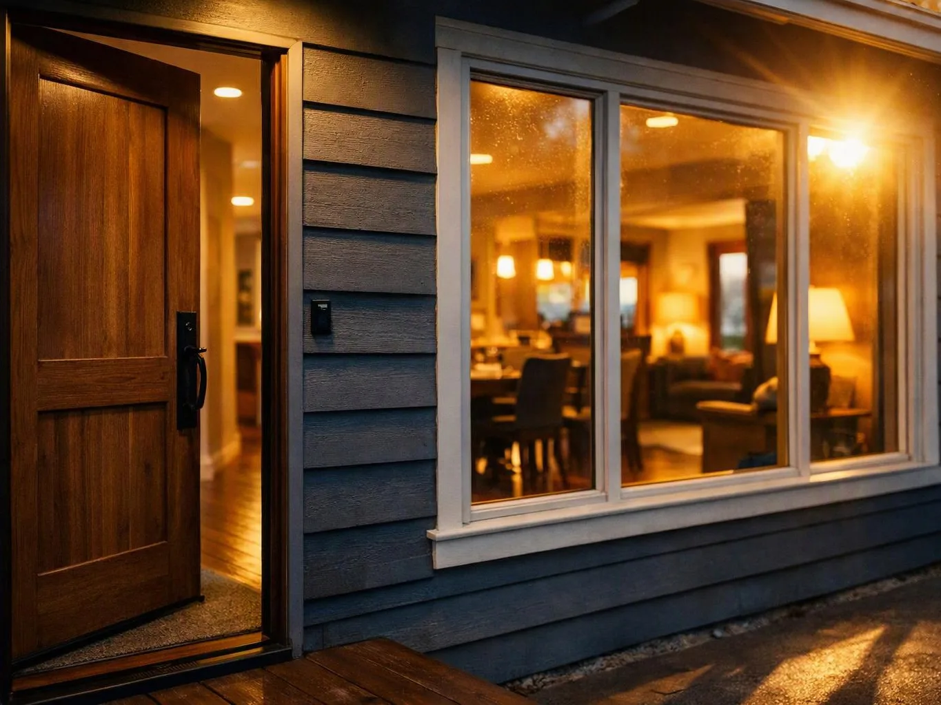 Open front door and glowing windows reveal a warmly lit home interior