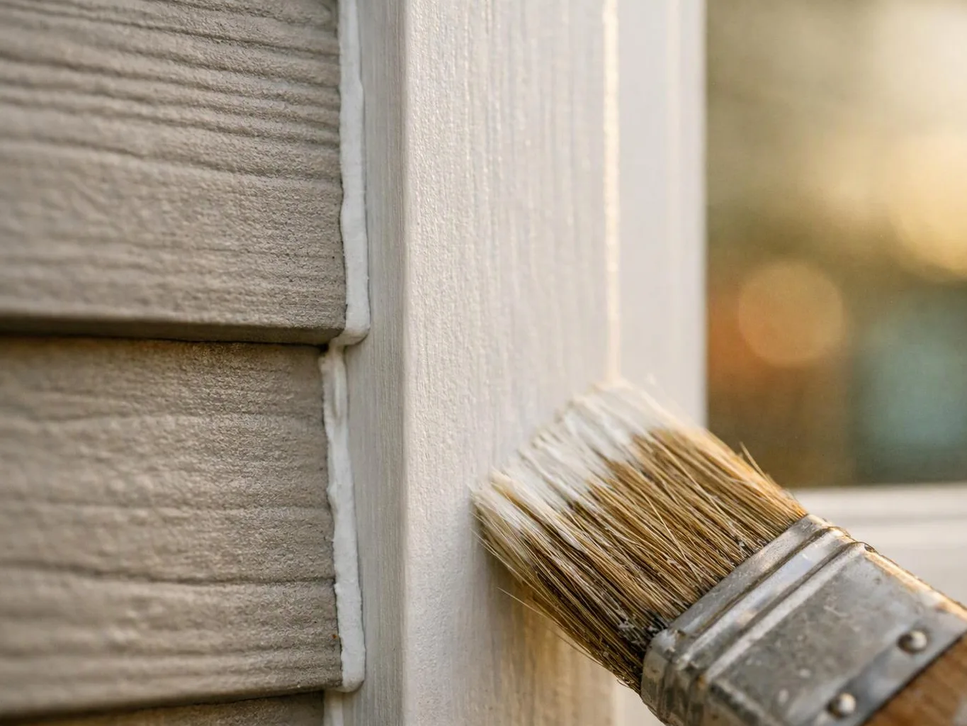 A paintbrush applies white paint to a window frame beside textured siding