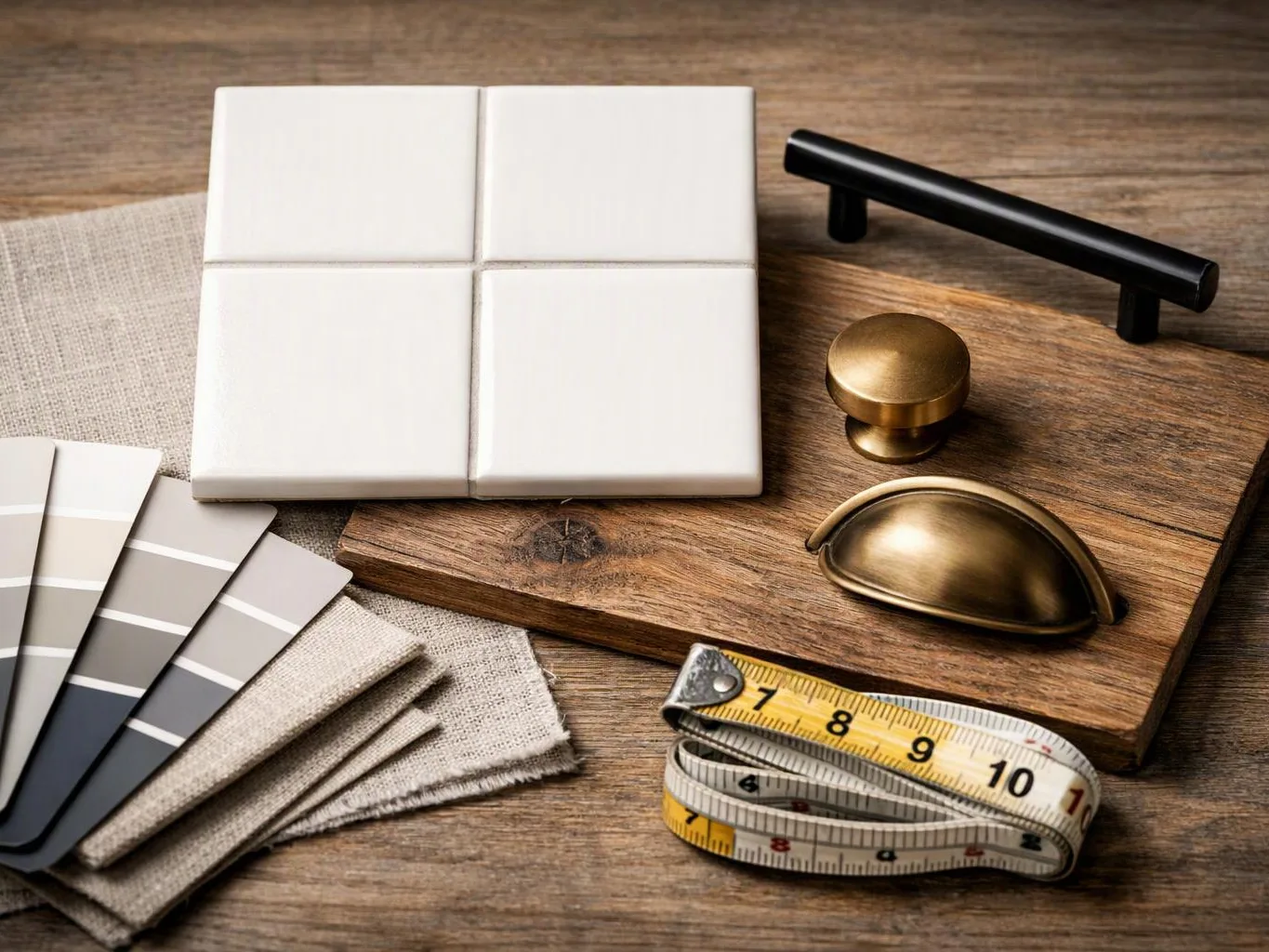 Painted cabinet samples, fabric swatches, brass hardware, and a measuring tape sit on a wooden table