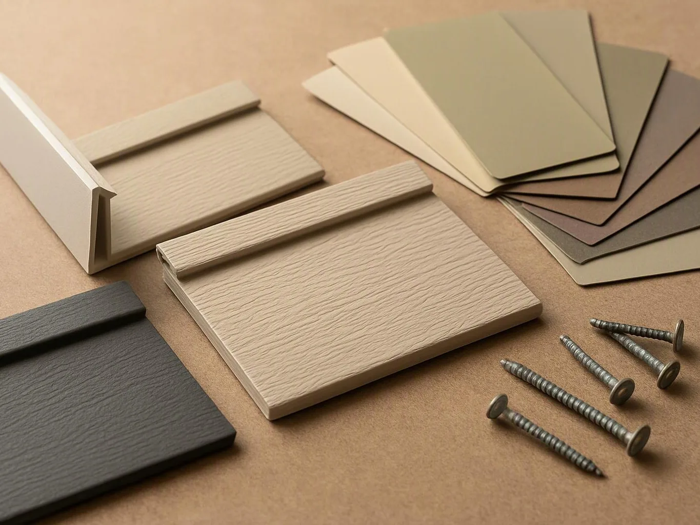 Painted sample boards and screws are arranged on a brown tabletop with neutral color swatches