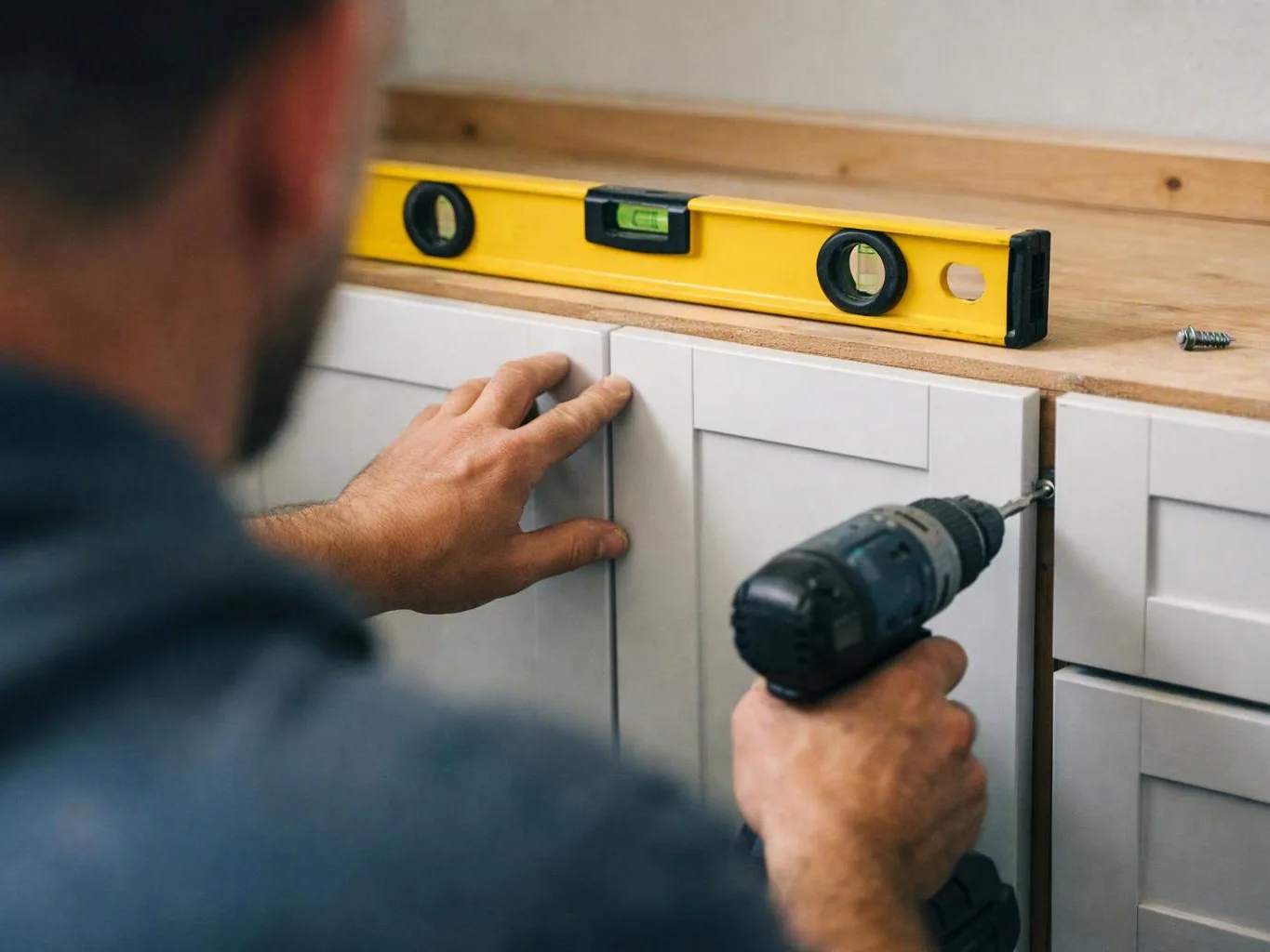 A person drills a cabinet door while holding it in place, with a yellow level on the countertop above