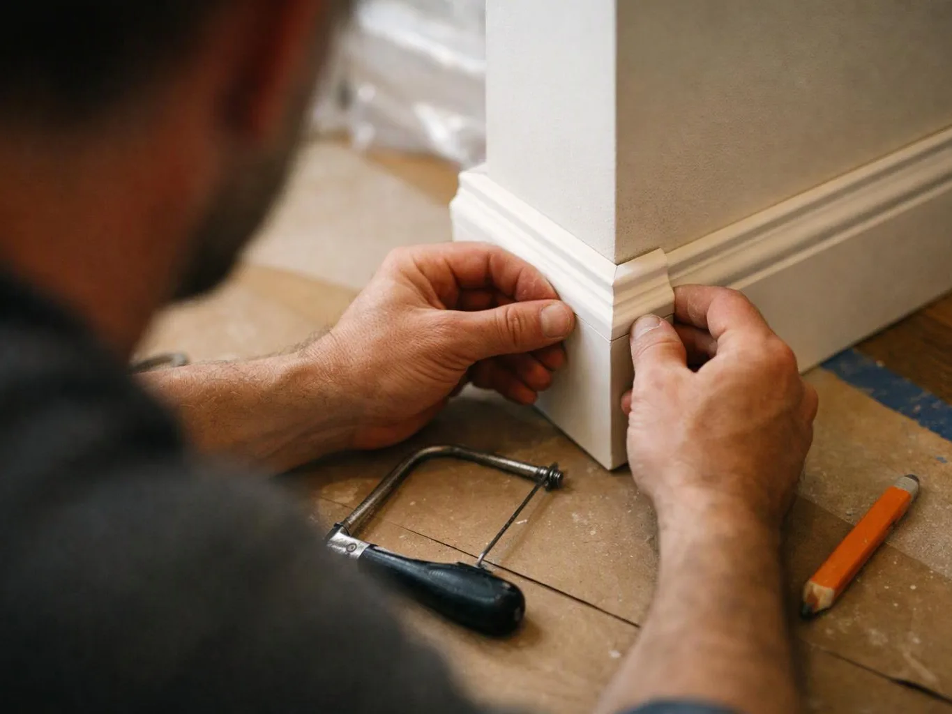 A person fits white trim around a wall corner on a floor covered with tools