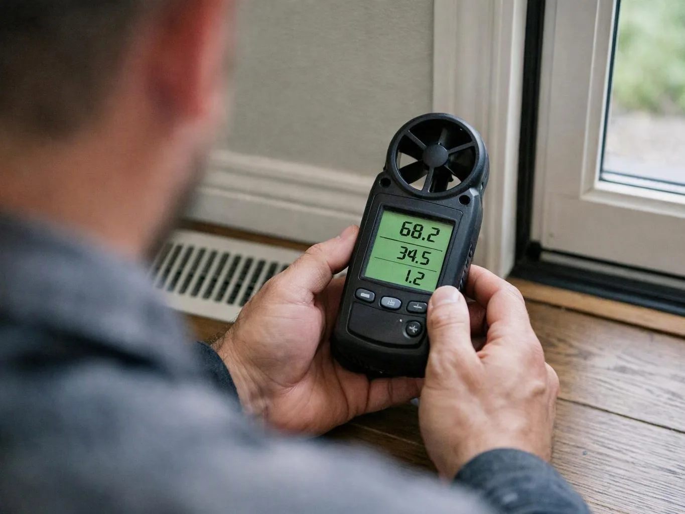 A person holds a handheld meter with a small fan, checking readings beside a door and floor vent