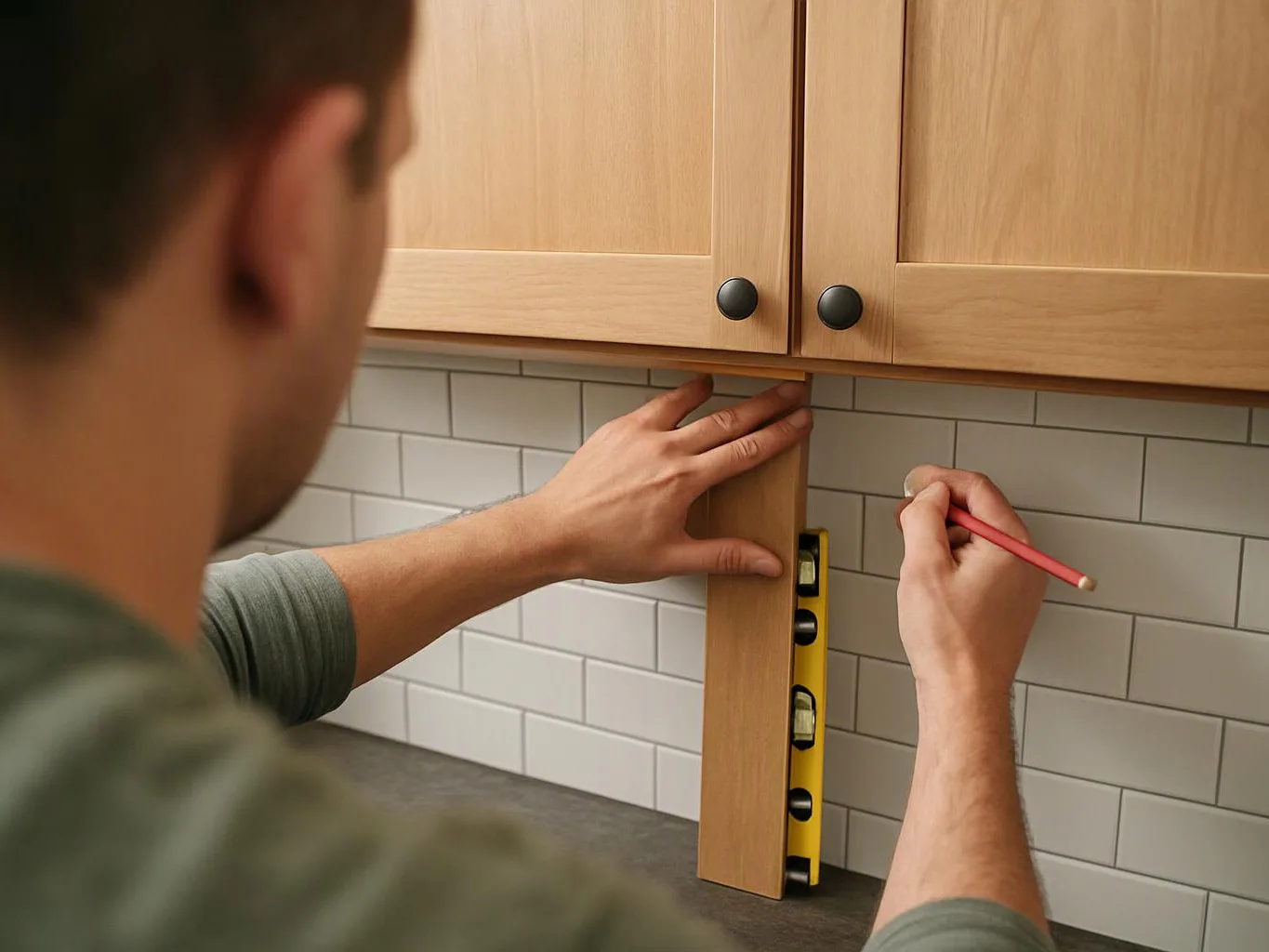 A person measures a cabinet door with a level and pencil in a tiled kitchen area