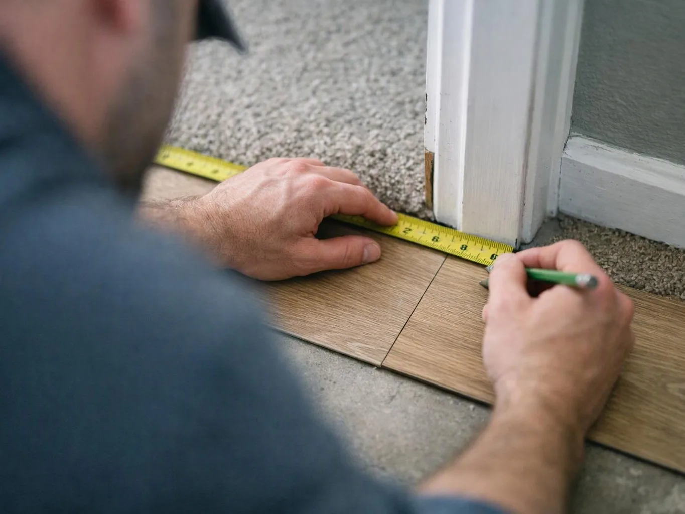 A person measures flooring with a tape measure and pencil beside a white doorframe inside a room
