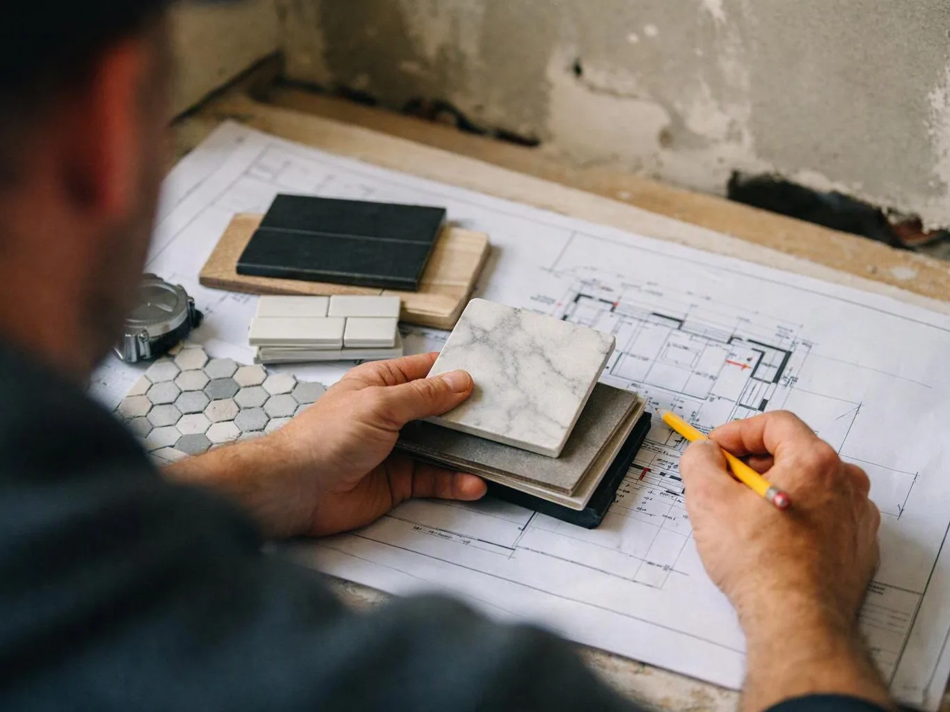 A person reviews floor plans while holding tile samples and marking notes with a pencil at a worktable