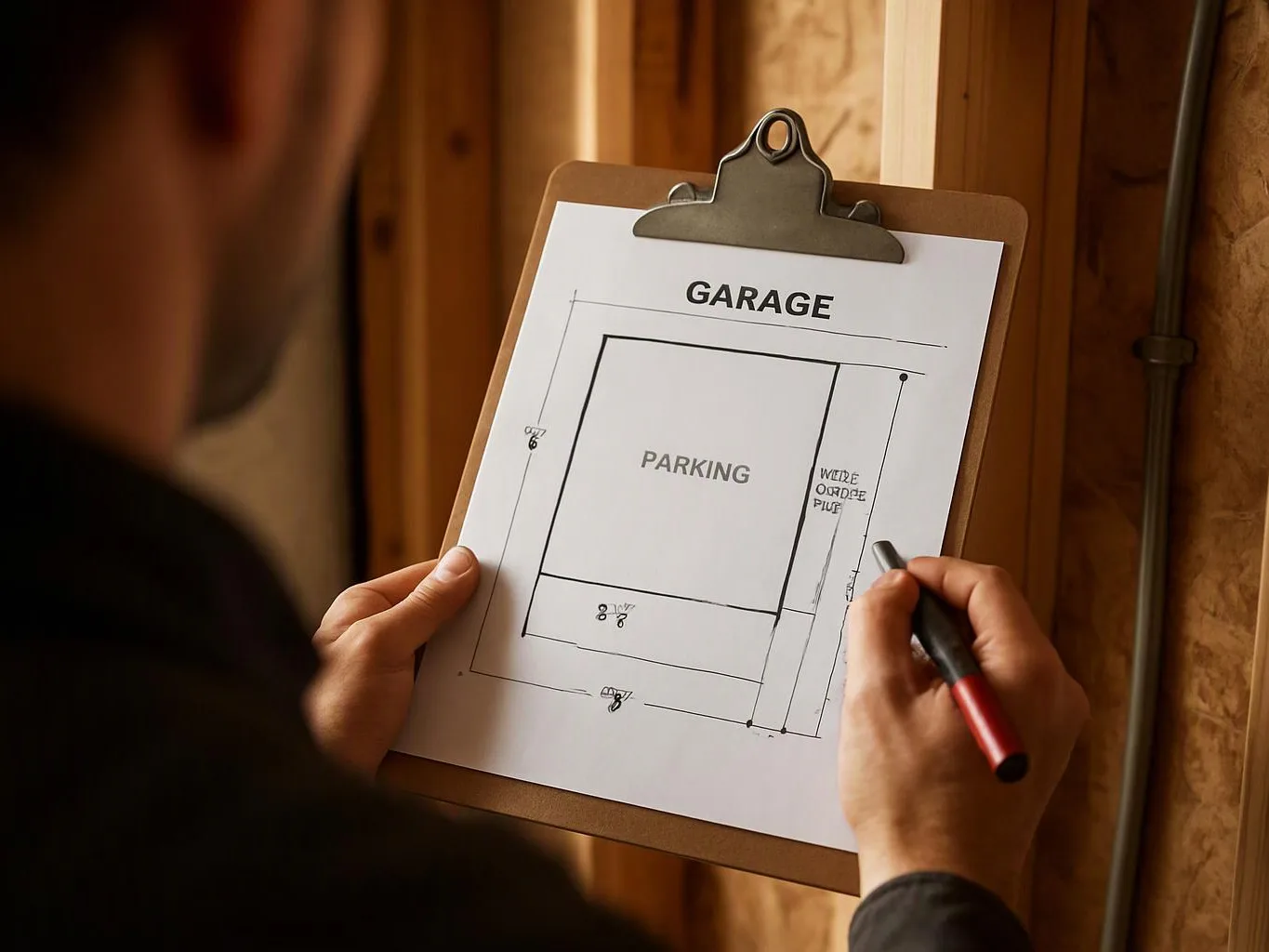 A person sketches a garage floor plan on a clipboard in a wooden interior