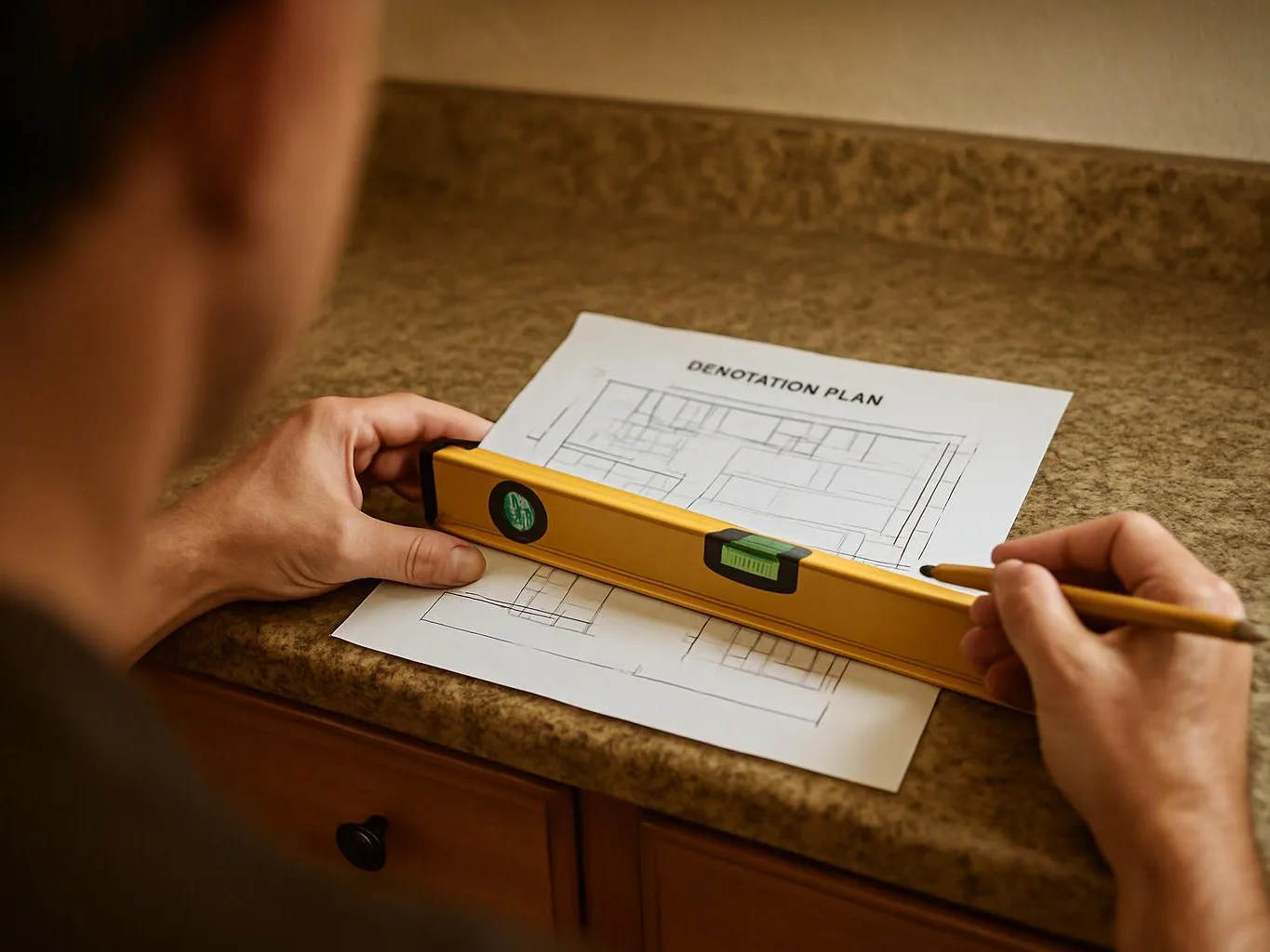 A person uses a level and pencil to mark a floor plan on a countertop