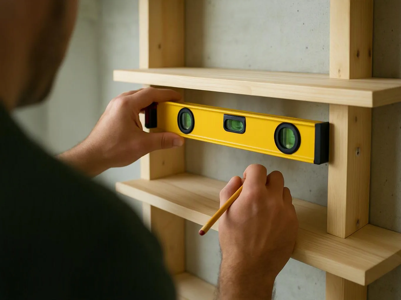 A person uses a yellow level to align a wooden shelf against a gray wall