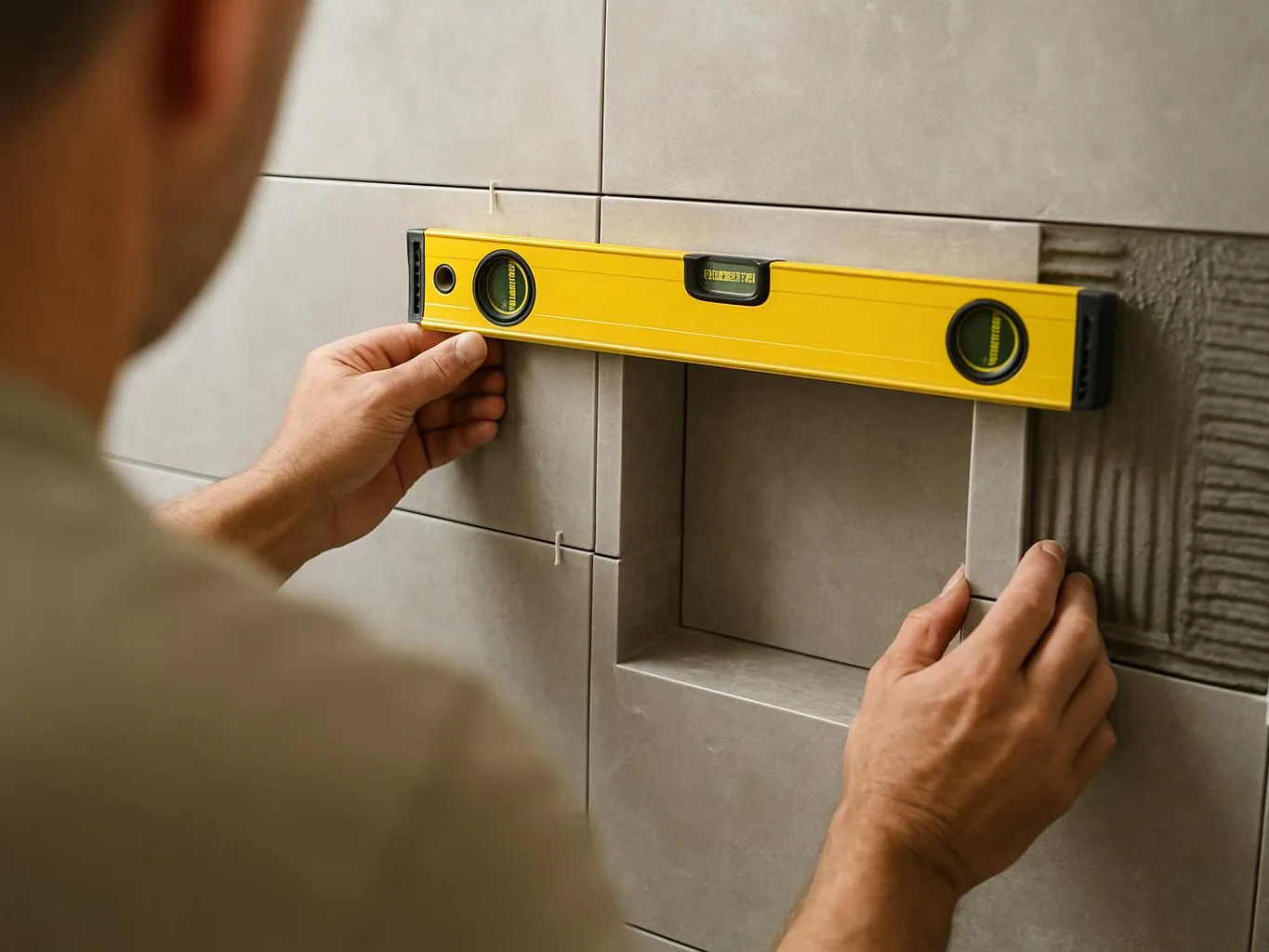 A person uses a yellow spirit level to align a tiled wall opening