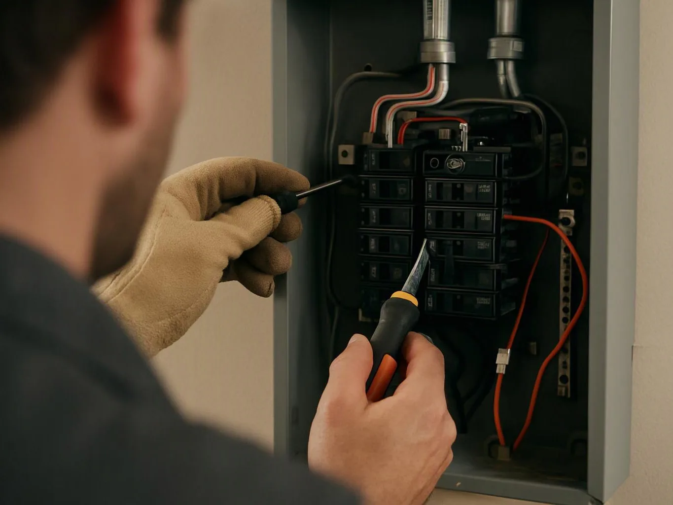 A person wearing a glove uses tools to work inside an open electrical breaker panel