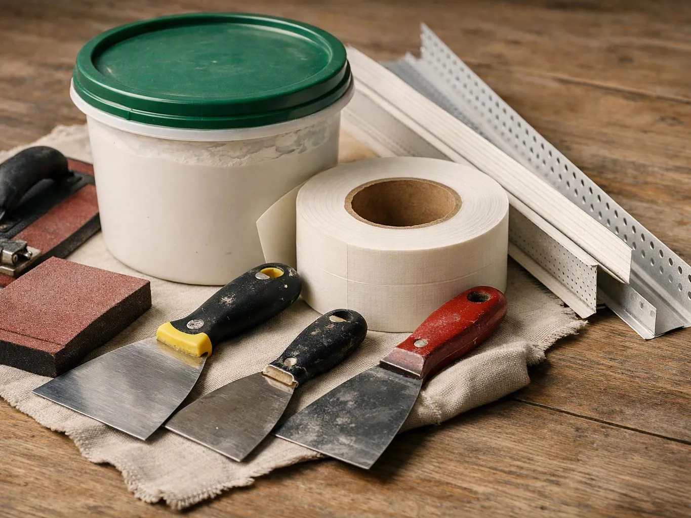 Putty knives, sandpaper, masking tape, and a compound bucket rest on a cloth over a wooden workbench