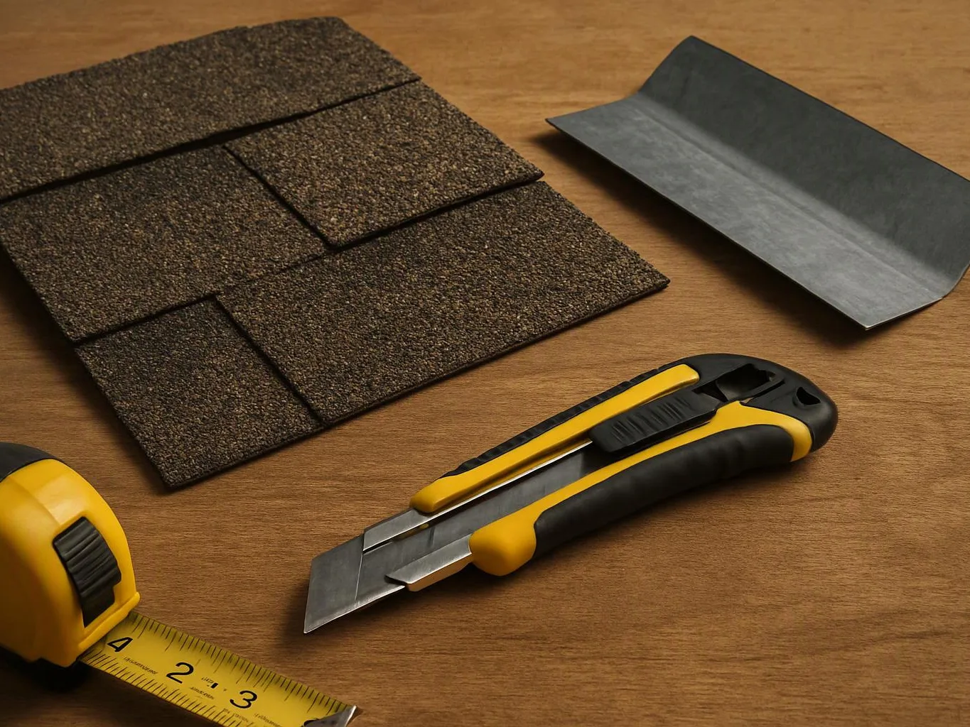 Roofing shingles, a metal flashing piece, a utility knife, and a tape measure rest on a wooden surface