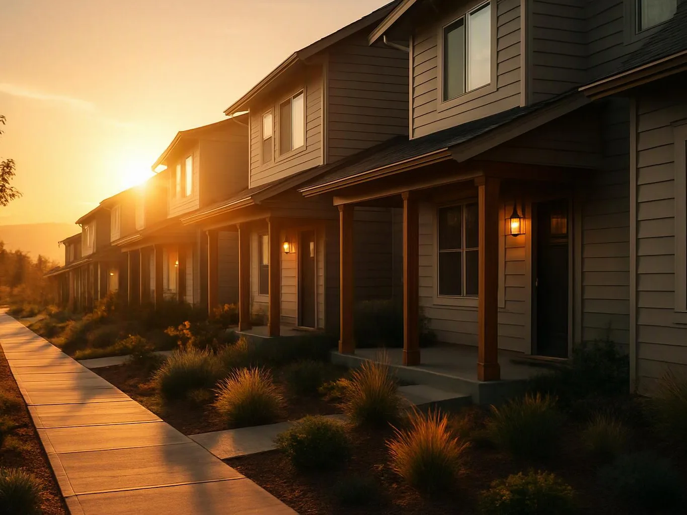 Row of modern houses at sunset, with lit porch lamps and a sidewalk beside small landscaped bushes