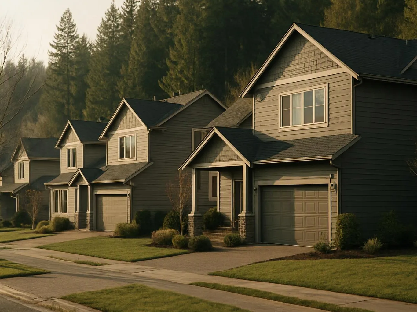 Row of suburban houses with attached garages and trimmed lawns beside a wooded hillside