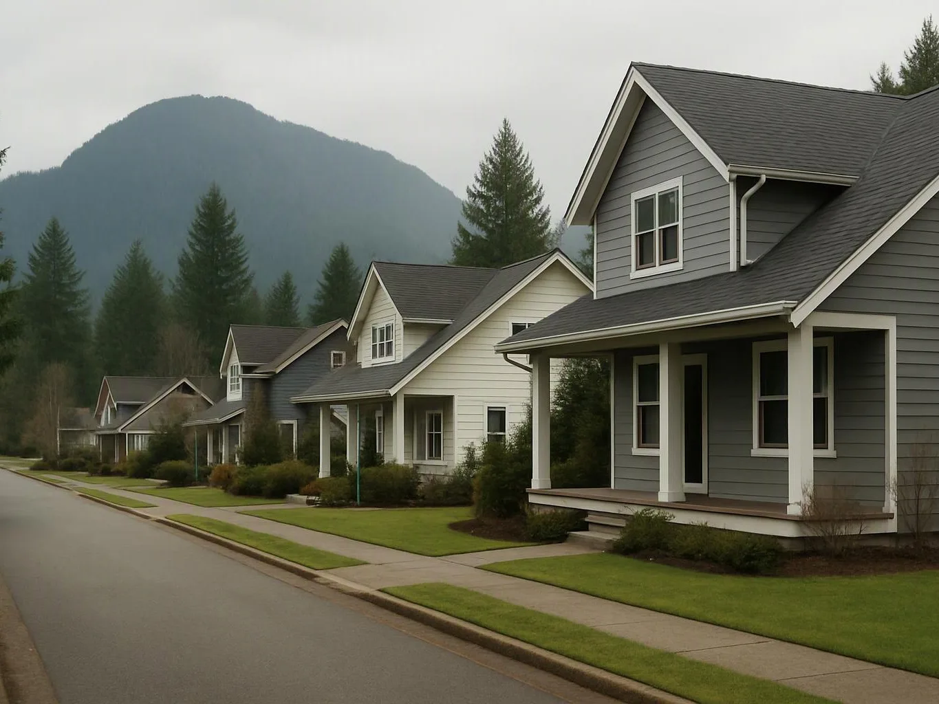 Row of suburban houses lines a quiet street with lawns, sidewalks, and a misty mountain behind them